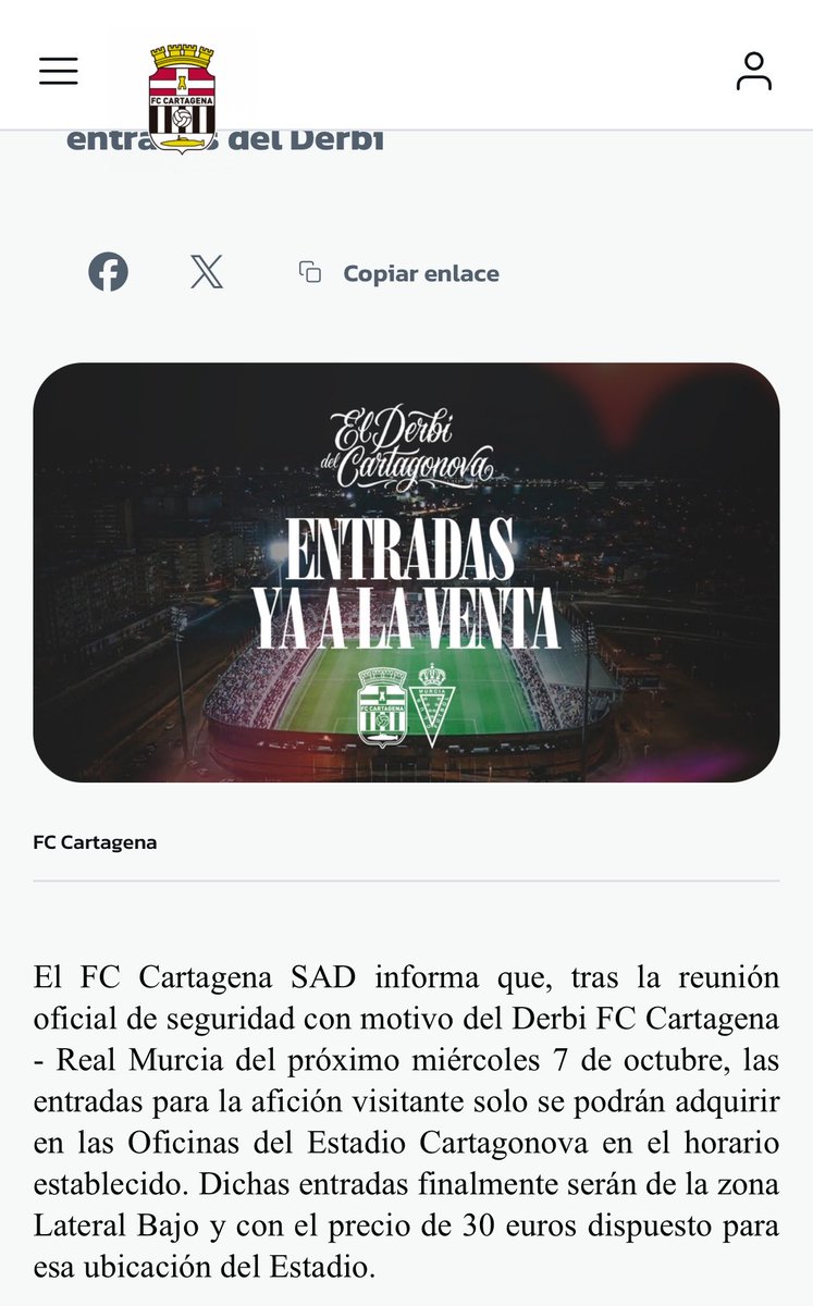 ElPostGrana's tweet photo. 🎟️ Según el comunicado del FC Cartagena, las entradas para la afición visitante (las del Real Murcia) solo se podrán adquirir en las Oficinas del Estadio Cartagonova en el horario establecido

🏟️ La ubicación es la zona Lateral Bajo y con el precio de 30 euros

❌ No dice la cantidad