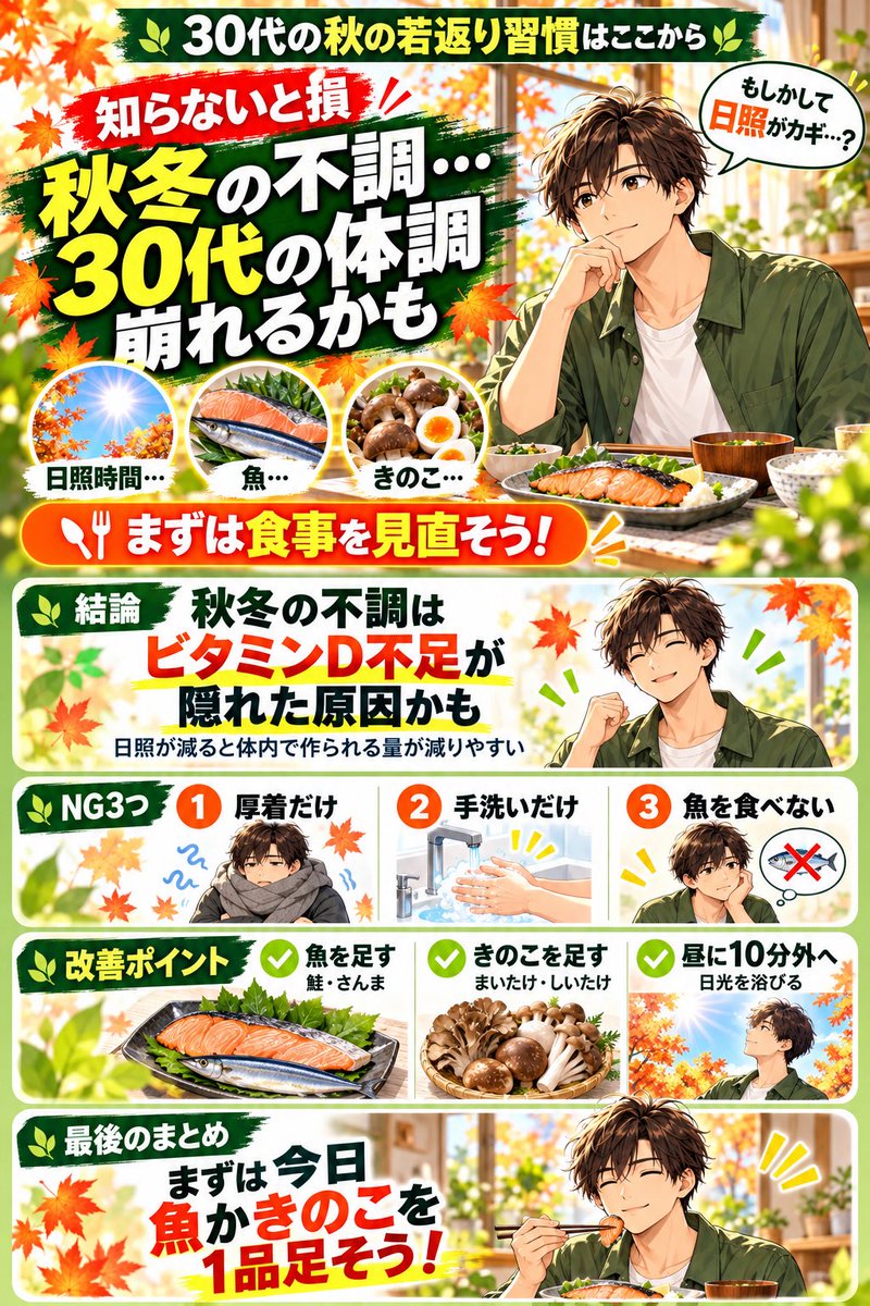 30Leafy's tweet photo. 10月を過ぎると気分が沈んで風邪もひきやすくなる30代
ビタミンD不足が隠れた原因かもしれない

ビタミンDは日光で作られる栄養素
日照時間が減る秋冬は体内で作られる量が減りやすい

鮭 さんま きのこを毎日1品足すだけでOK

#ビタミンD #免疫力 https://t.co/ux1GTPirVu