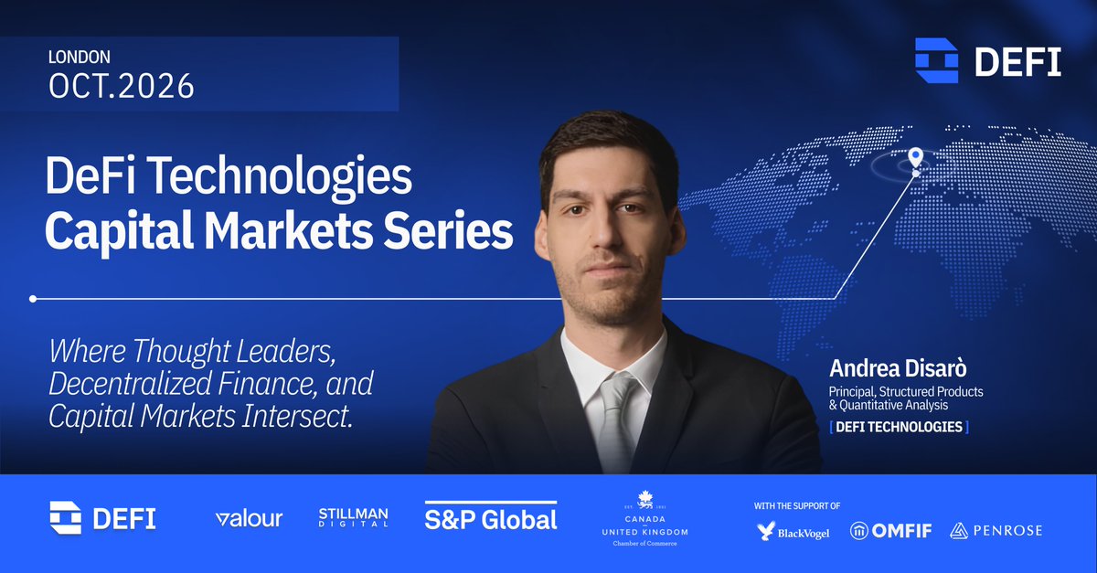 DeFiTechGlobal's tweet photo. Continuing our speaker introductions for the DeFi Technologies Capital Markets Series, London 2.0 edition: Andrea Disarò, Principal, Structured Products & Quantitative Analysis at @DeFiTechGlobal. 📊

Andrea's work spans structured products and quantitative analysis across digital assets, including the DVIO Index and the data behind how capital moves through regulated, institutional rails, a theme he has carried across this series since its first London edition.

If you're an asset manager, institutional investor, or allocator and want to attend, reach out to events@defi.tech. ETP details, ISINs, and product links are in the comments.

🤝 The event is coordinated in partnership with the Canada-UK Chamber of Commerce, and @SPGlobal. The session also has the support of @BlackVogel_, @OMFIF and @PartnersPenrose.

@ValourFunds | @DeFiTechGlobal | @DigitalStillman