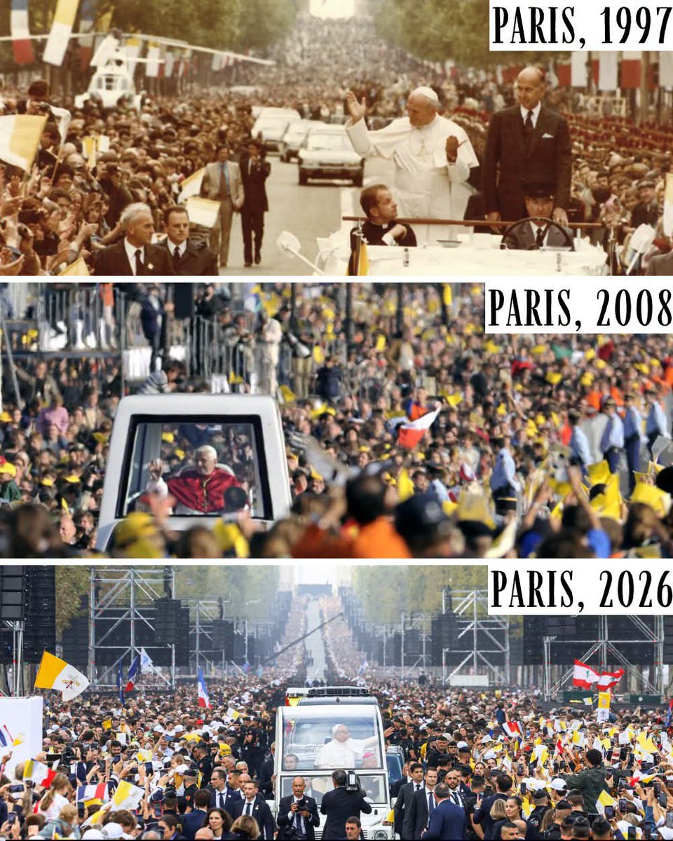 FrUgochukwu's tweet photo. Three different papal visits. 
Three different moments in history. But the same France.

John Paul II, Benedict XVI and now Leo XIV, different popes, different generations, yet the Catholic faith continues to find a remarkable expression in the heart of France🇫🇷 https://t.co/vgxKELmlmg