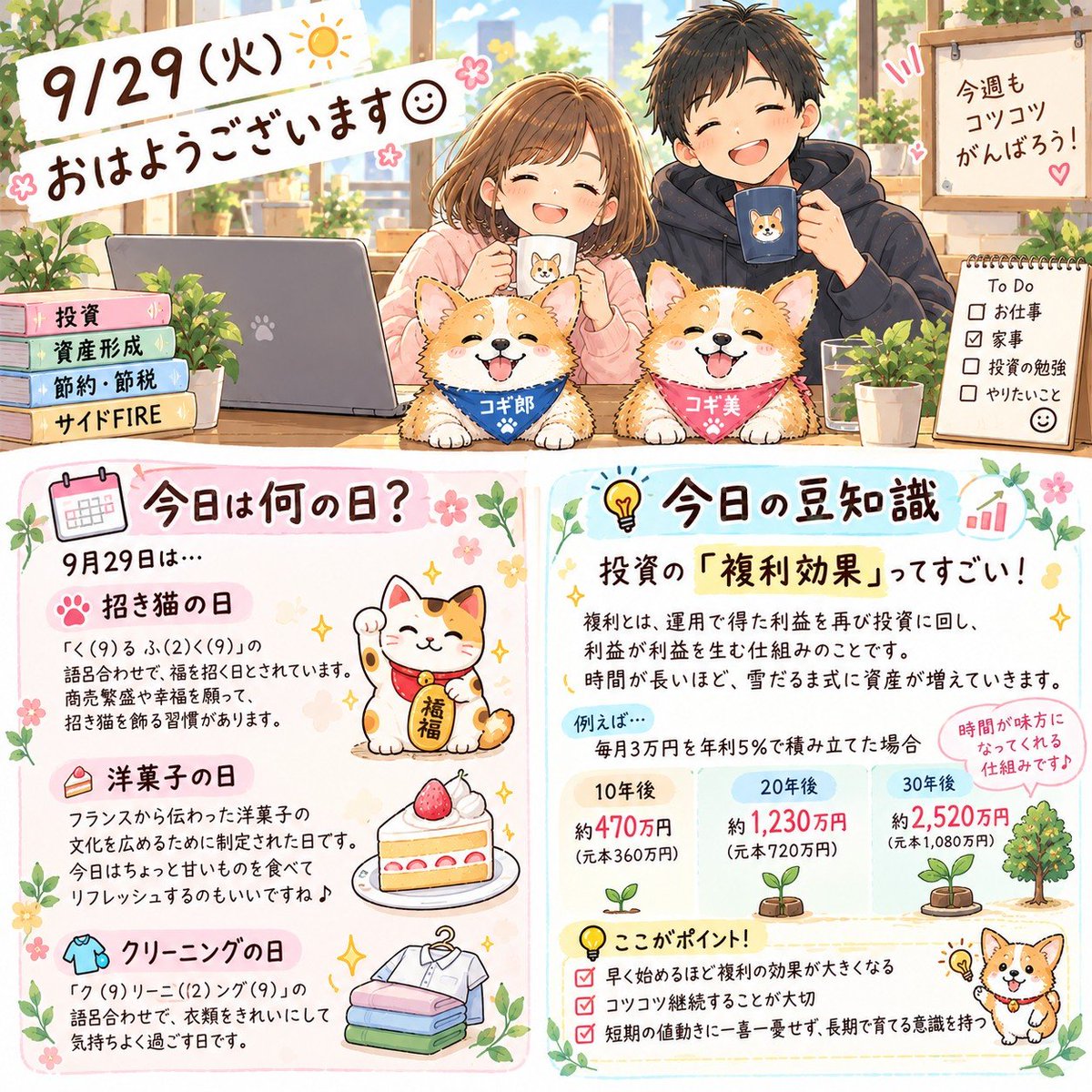 haru_finance_'s tweet photo. おはようございます☀️

昨日は権利付最終日でしたね📈
配当、優待楽しみですね✨

今���からまたコツコツ、今週も頑張りましょう☺️

💡今日の豆知識は「複利効果」
投資は時間を味方につけることが大切✨
焦らず長く続けていきたいですね🌱

今日もよろしくお願いします🐶💕 https://t.co/rz7c1Ti3Jf