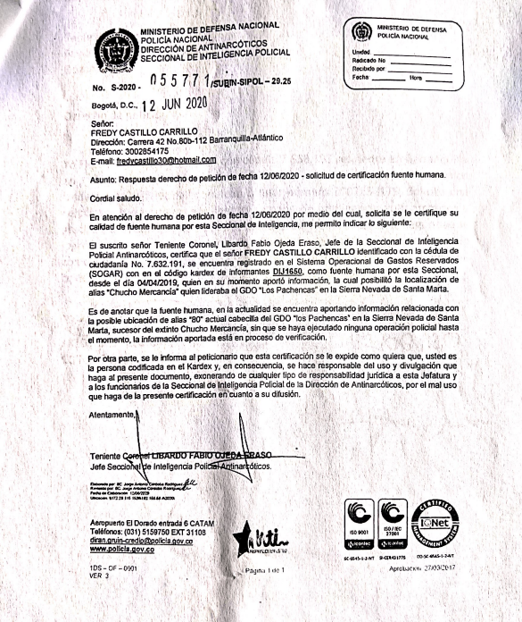 PoloDiazG's tweet photo. 8. Indagando más a fondo sobre este tema encontramos que, sí, es cierto, Pinocho fue informante de Antinarcóticos de la @PoliciaColombia bajo el nombre clave 'Kárdex' y el número de informante DIF 650. La prueba reposa en oficios oficiales de la Policía. Pillen https://t.co/EHOSdvnK7D