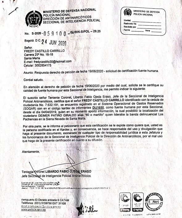 PoloDiazG's tweet photo. 8. Indagando más a fondo sobre este tema encontramos que, sí, es cierto, Pinocho fue informante de Antinarcóticos de la @PoliciaColombia bajo el nombre clave 'Kárdex' y el número de informante DIF 650. La prueba reposa en oficios oficiales de la Policía. Pillen https://t.co/EHOSdvnK7D