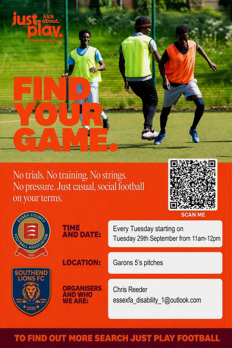 EssexCountyFA's tweet photo. #Southend Lions FC are launching a new #MentalHealth #JustPlay football session from tomorrow. Improve your #Wellbeing, stay active and meet new people, all with no commitment or previous experience needed. #MentalHealthFootball #FootballForAll #EssexFootball https://t.co/118Jshn4nj