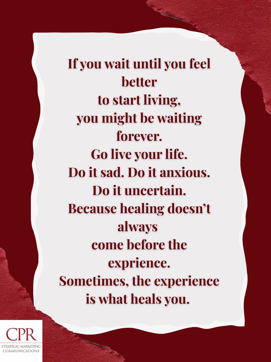 CPR_Comm's tweet photo. You don't have to wait until you have it all figured out to live your life. Do it sad, do it anxious, but do it. 

Sometimes the experience itself is what heals you.

#MotivationMonday #GrowthMindset #MentalHealth https://t.co/amOohFRfPD