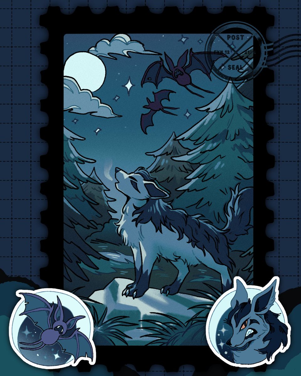 JungleFiends's tweet photo. 🌕🦇 Updated preview of the print + sticker designs for this months mail club! they'll be available until October 14th ^_^  

#mightyena #pokemon https://t.co/V5NOk8N8hL