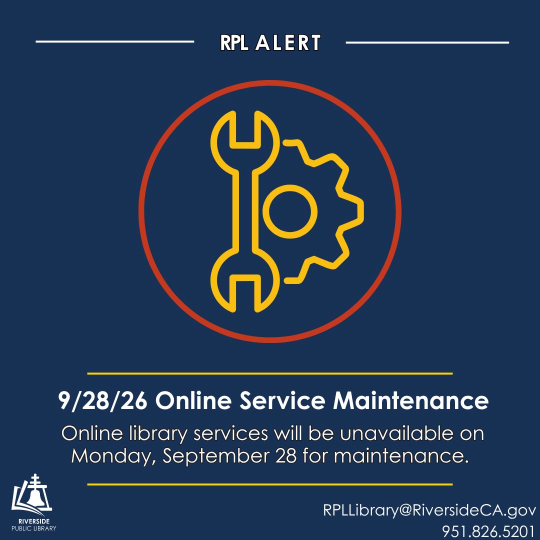 RivLibrary's tweet photo. Library Alert! - 9.28.26 Online Service Maintenance 

Online library services, including eBook platforms like Libby, will be unavailable today, September 28 for maintenance. https://t.co/yDJzhgQwby