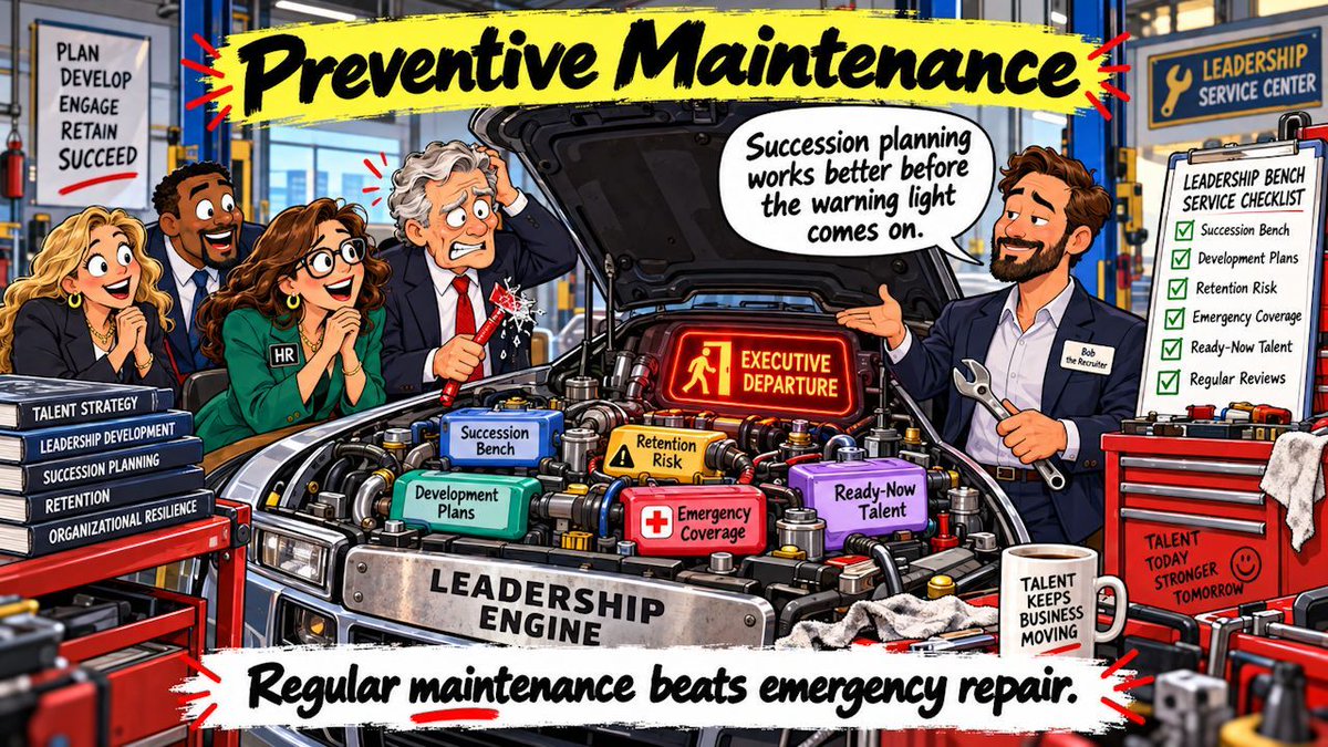 TalentOracle's tweet photo. Succession plans have a funny way of looking perfectly adequate right up until someone actually leaves.
Regular maintenance beats emergency repair.
Anyone ever opened the succession-planning cabinet and found a few cobwebs?
#SuccessionPlanning #Leadership #ExecutiveSearch https://t.co/GsFJSdEhWk