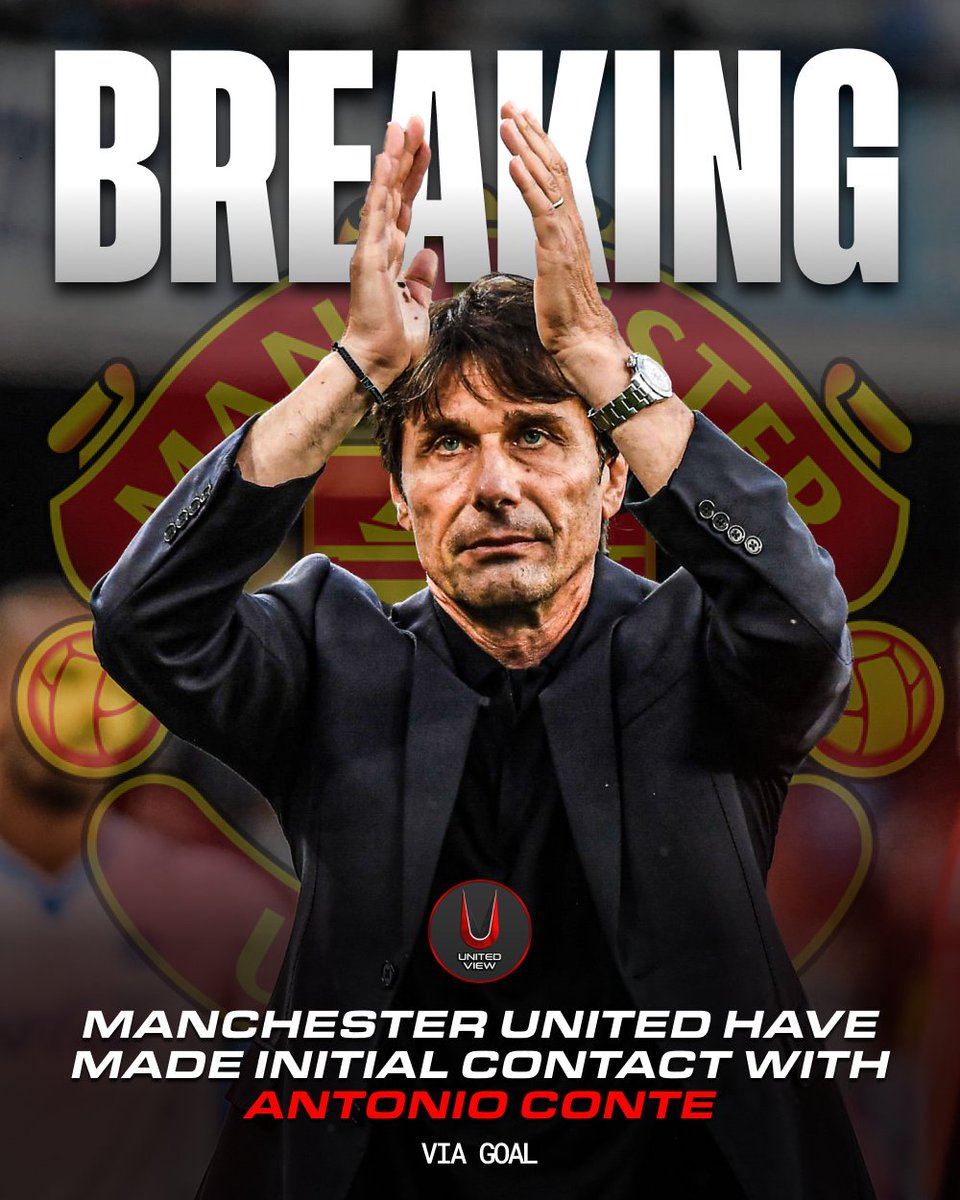 unitedviewtv's tweet photo. 🚨 Man United have reportedly made initial contact with Antonio Conte as pressure builds on Michael Carrick following a poor start to the season... 🧐

The serial winner is believed to be Man United’s top target if the club decide to make another managerial change.

Would Conte be the 𝐑𝐈𝐆𝐇𝐓 man for Man United, or should Michael Carrick be given until the end of the season? 🤔