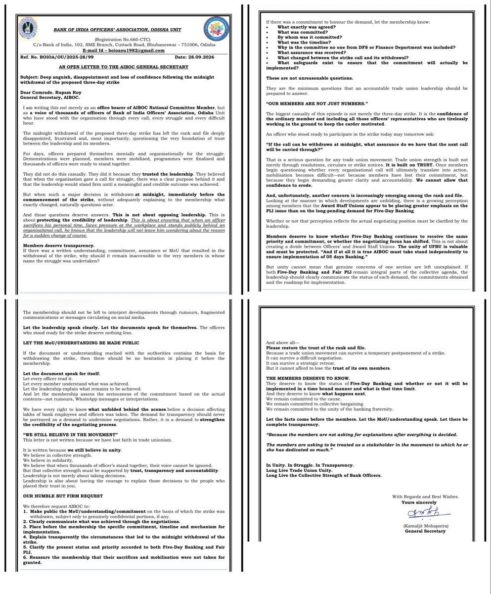 KamaljitBOIOAOU's tweet photo. Midnight withdrawal of the 3-day strike has raised serious questions among the rank &amp; file. If an understanding led to the withdrawal, members deserve transparency—what was agreed, by whom, and what is the timeline? @UFBUIndia @rupamsmail @aiboc_in @ChVenkatachalam https://t.co/aD3Jv04U0C