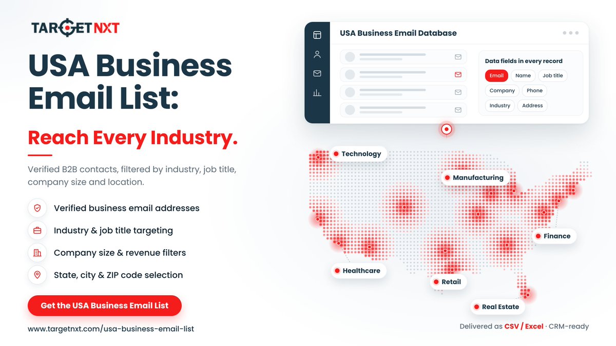 TargetNXT's tweet photo. A USA Business Email List can help marketers segment business prospects by industry, job title, company size, revenue, and location making campaigns more relevant and focused.
Visit site: https://t.co/WarTPvLcni
#B2BMarketing #LeadGeneration #BusinessEmailList #B2BDataTARGE https://t.co/7ybTjoGa5v