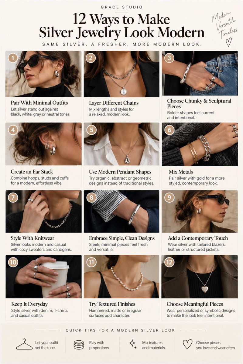 GraceStudioFine's tweet photo. Silver jewelry is having a major resurgence. Here is how to style it for a modern, contemporary aesthetic. ✨

🤍 Embrace sculptural, organic shapes 
🤍 Intentionally mix with warm gold tones 
🤍 Play with hammered or matte textures 
🤍 Combine chunky and delicate layers

Discover all 12 styling methods here: https://t.co/FsBXQzPqb2

#SilverJewelry #JewelryStyling #GraceStudio