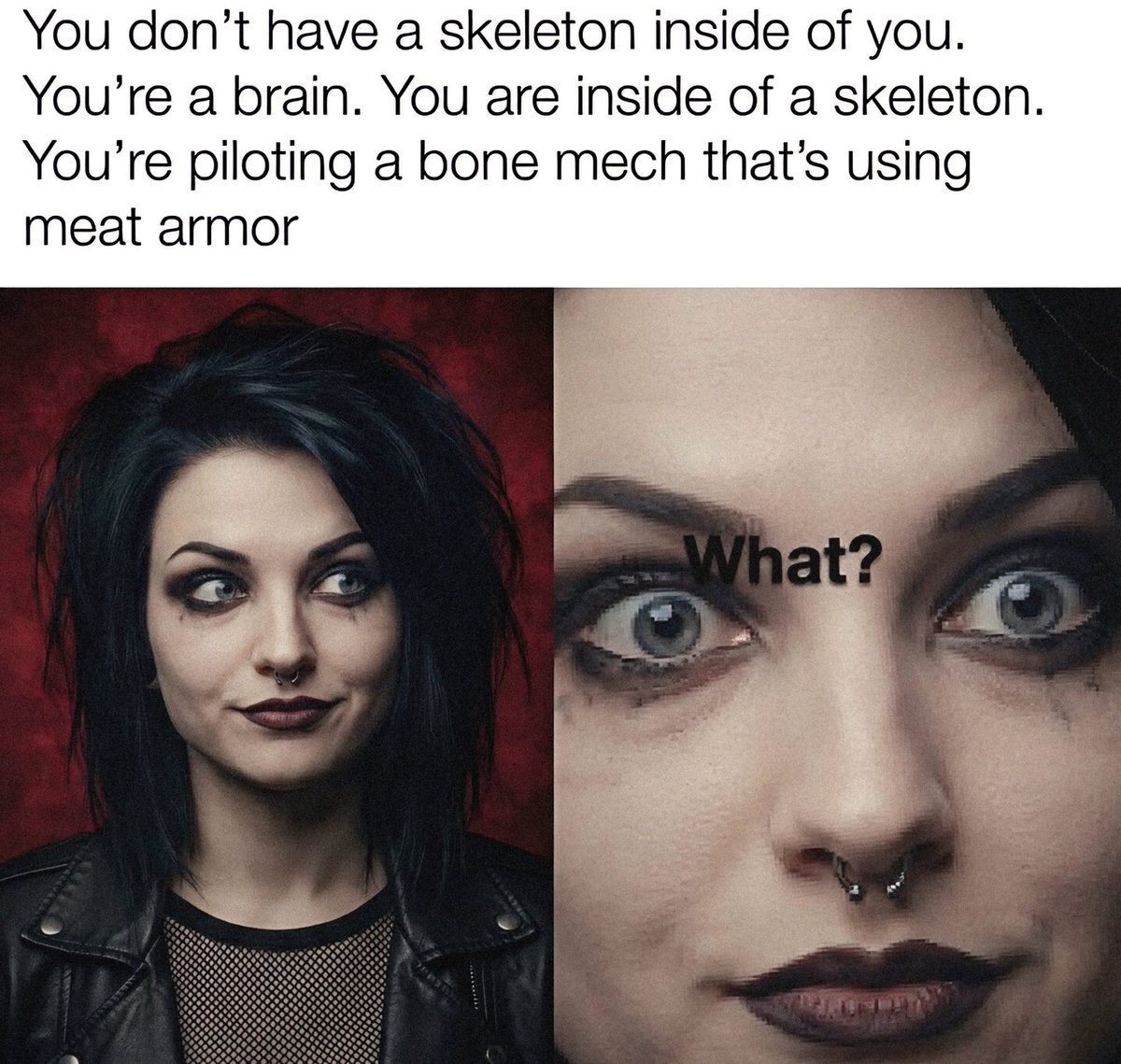 GothicBeautyMag's tweet photo. You don't have a skeleton inside of you. You're a brain. You are inside of a skeleton. You're piloting a bone mech that's using meat armor. https://t.co/3YVOIR3xH0 https://t.co/q6k0em5yI1