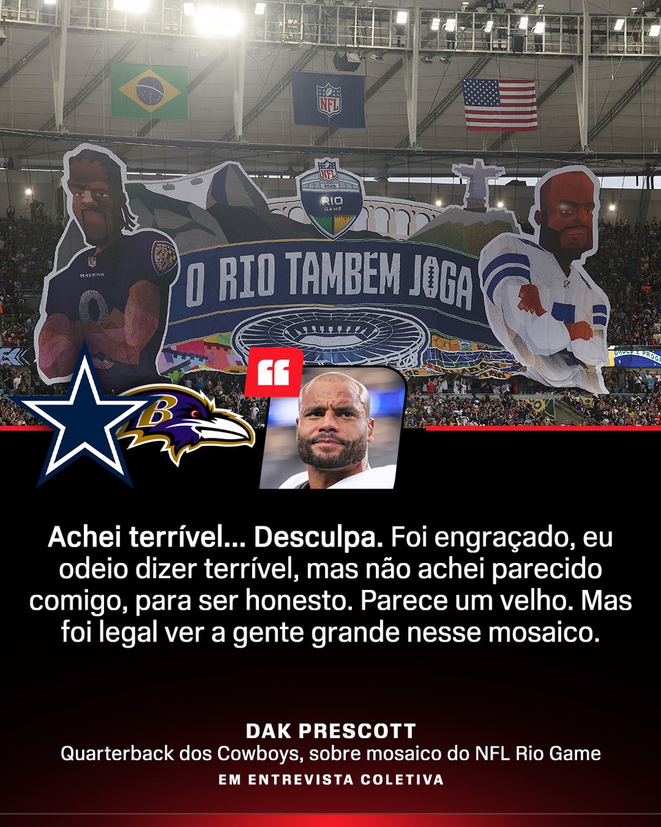 ESPNBrasil's tweet photo. SINCERÃO! 😅 

Quarterback dos Dallas Cowboys, Dak Prescott afirmou que gostou da homenagem em mosaico no Rio Game da NFL, mas que as ilustrações não se pareciam com ele e nem com Lamar Jackson.

#NFLnaESPN #NFLRioGame #DakPrestcott #DallasCowboys https://t.co/kxakdTLbja