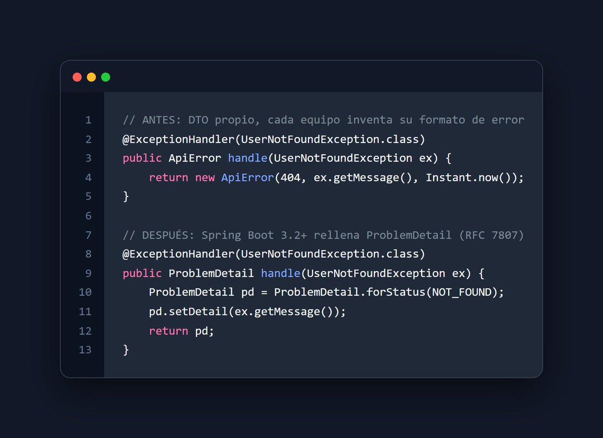 carjadev's tweet photo. ¿Sigues escribiendo tu clase de error a mano? Cada endpoint responde como quiere y el cliente se rompe.

#SpringBoot 3.2 lo arregla con #ProblemDetail (#RFC7807): tú devuelves la excepción y el framework rellena type, title y status. ¿Tu API ya lo usa? #backenddev https://t.co/fMOEn6sGYL