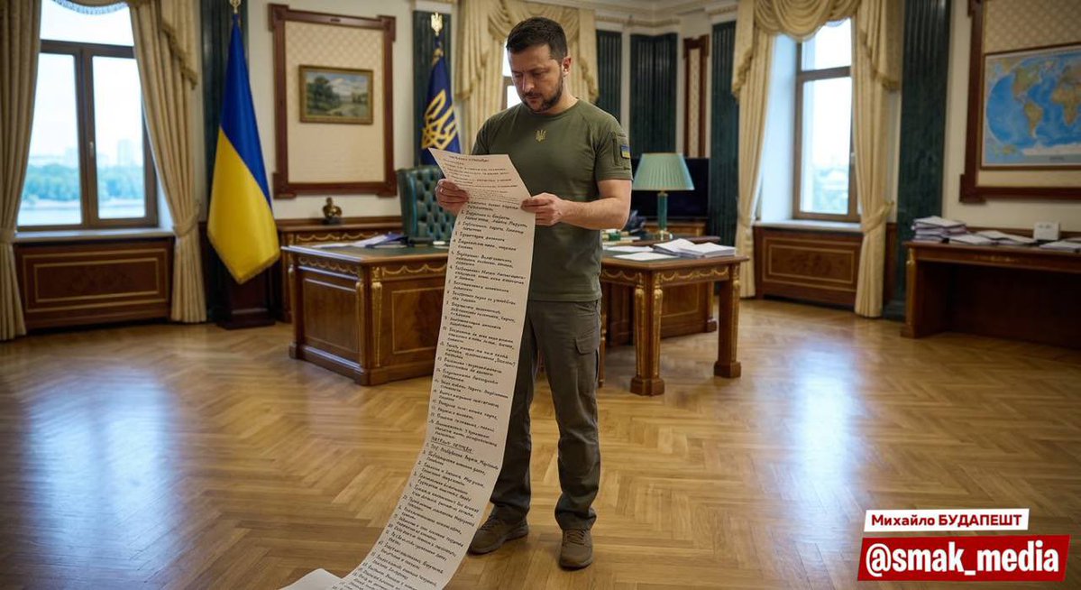 smak__media's tweet photo. «Ого єбать, шось тут вже дохуя підкопилось за останній місяць….», - Зеленський розглянув список обіцянок дати потужну відповідь росіянам за кожен обстріл https://t.co/10BcgJCd5P