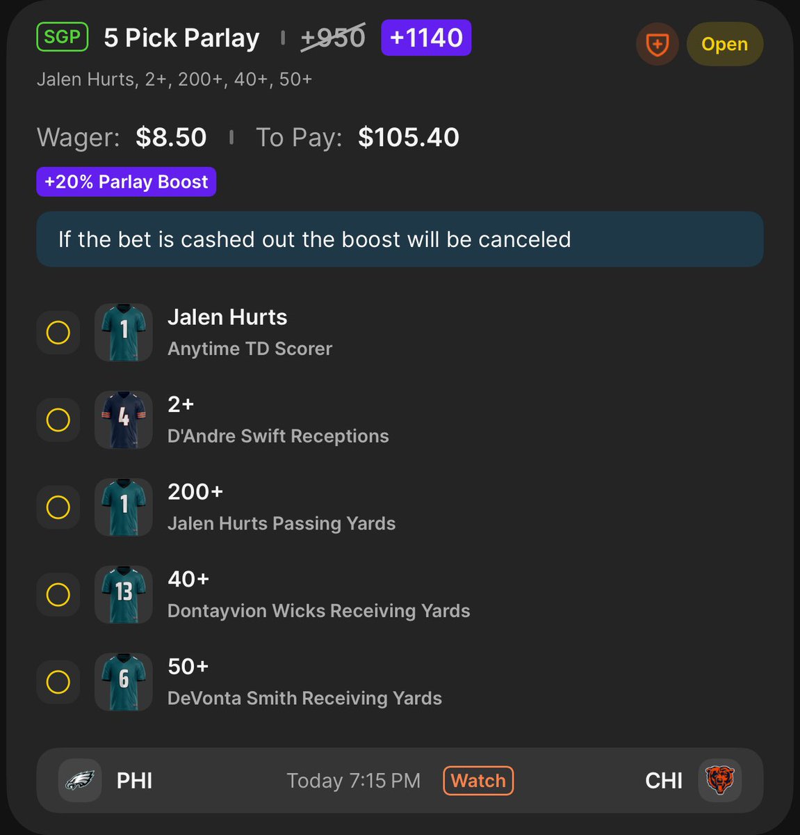 EdgeTheoryPlays's tweet photo. MNF CARD IS LOCKED 🔒🏈

Eagles 🦅 vs Bears 🐻
5-Leg SGP | +1140 BOOSTED 🔥
💰 $8.50 ➡️ $105.40

Hurts TD
Swift 2+ REC
Hurts 200+ PASS YDS
Wicks 40+ REC YDS
DeVonta 50+ REC YDS

Need Philly’s offense to come ready tonight 🤞🏾

#EdgeTheory #MNF #NFLBets #SportsBetting https://t.co/Ffiln7lXZB