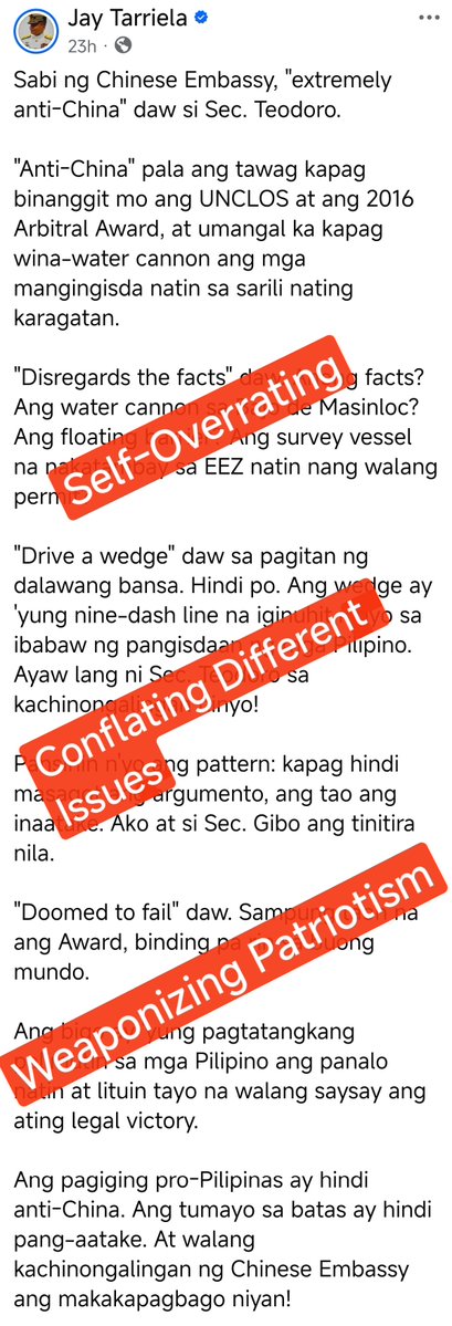 Chinaembmanila's tweet photo. Jay Tarriela, don’t overate yourself. Let’s cut through the slogans and look at your broken points.

First, the Chinese Embassy didn’t call someone “anti-China” simply because he cited UNCLOS. We pushed back because a certain individual keeps turning maritime differences into a public anti-China spectacle.

Second, UNCLOS does not settle questions of sovereignty. The so-called award was the product of a unilateral arbitration that China never accepted. You can call it “binding” for another ten years; it still won’t become enforceable. The real failure is selling Filipinos a legal victory that cannot be enforced and calling that a policy.

Third, the China Coast Guard is carrying out law-enforcement operations in waters under China’s jurisdiction. It is universal practice. Jay Tarriela should read more.

Fourth, when you build a career on anti-China soundbites, expect the record to be corrected. Calling out your falsehoods is not an attack. It’s a response.

Fifth, “pro-Philippines” and “anti-China” are not opposites—unless you deliberately make them so. On maritime disputes, China’s door to dialogue remains open. But don’t expect China to swallow claims that erase its own territory.

——Deputy Spokesperson of the Chinese Embassy Guo Wei