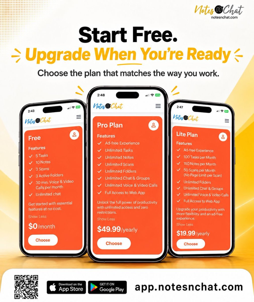 notesnchat's tweet photo. Organize your tasks, notes, scans, chats, folders &amp; calls.

Start with the Free Plan and upgrade to Lite or Pro when you need more. 💛

👉 https://t.co/inS338lpDS 👈

#NotesnChat #ProductivityApp #TaskManagement #DigitalProductivity #WorkSmarter https://t.co/X0u8fWTowv