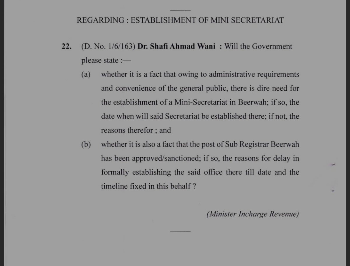 ReyazRehim's tweet photo. Hon’ble MLA Beerwah Dr @ShafiAhmadWani4 Sahab today raised an important question in the J&K #LegislativeAssembly regarding the establishment of a #Mini-#Secretariat in Beerwah and sought clarification on the delay in formally establishing the Sub-Registrar Office in Beerwah. https://t.co/NluiB3d8Io