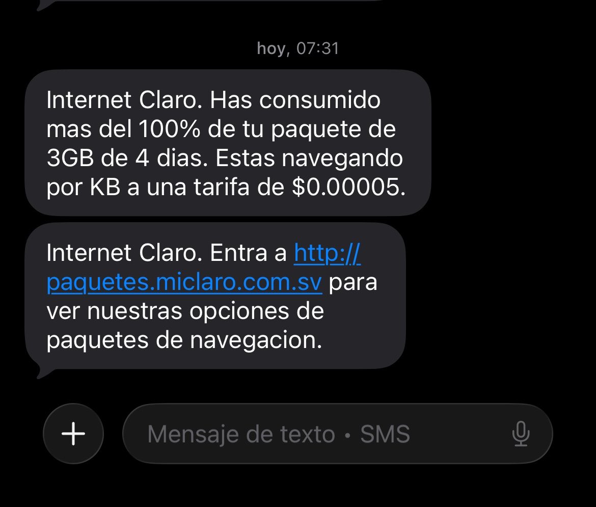 LxiOli's tweet photo. @claroelsalvador es un vil hurto. Hoy en la mañana puse datos, y me acaba de caer un mensaje que ya consumí el 100% del internet del paquete, y lo peor es que ni me he metido a Inter, solo whats App e Instagram. https://t.co/YATdlAQanv