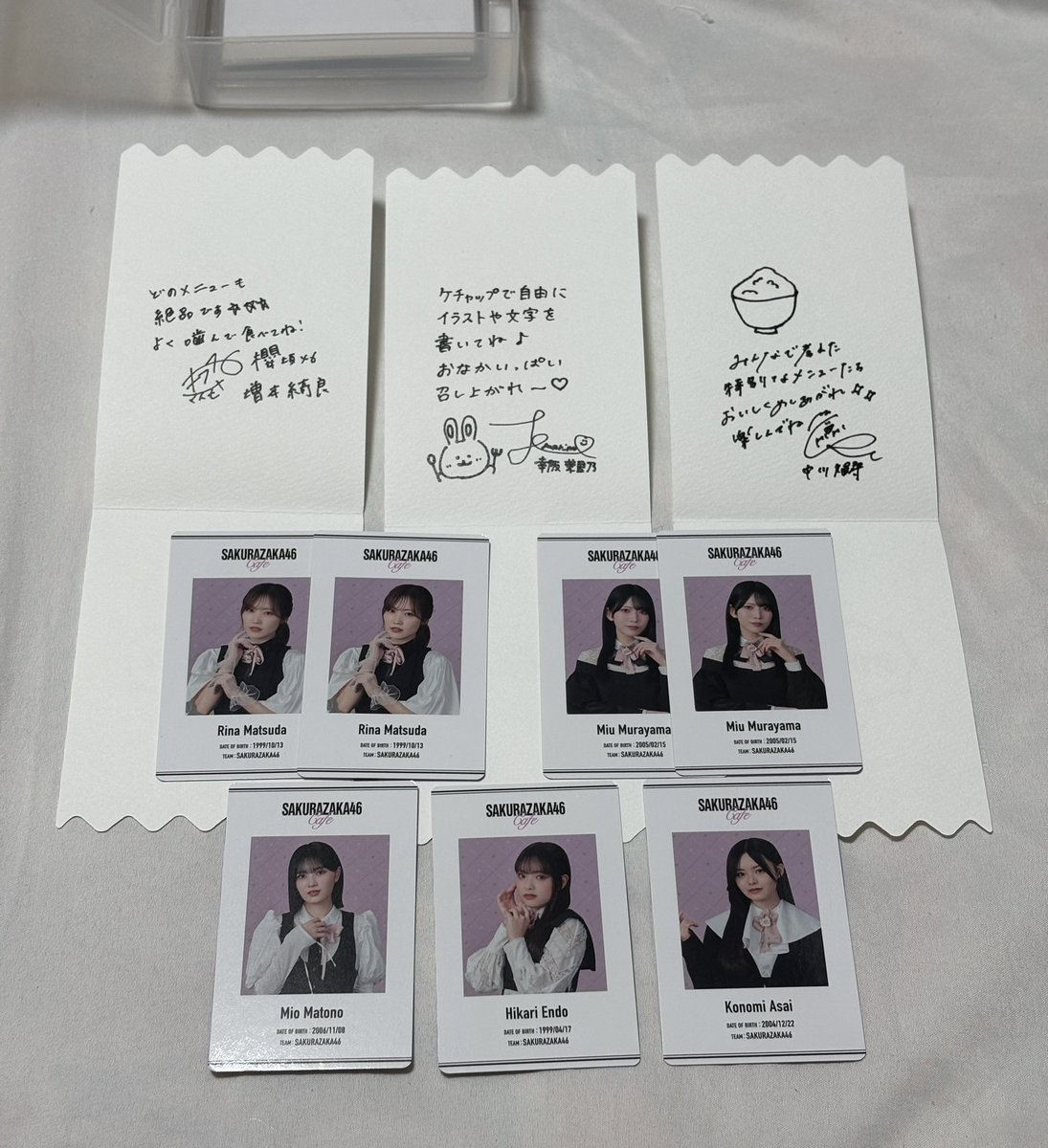 mo_momin46's tweet photo. 櫻坂46 カフェ トレ ナプキン ID カード 後期予約特典 
（譲）後期予約特典ナプキン
　　幸坂、増本、中川
       ID
      遠藤光、松田×2、的野、村山×2、浅井
（求）山田

BACKSライブ1日目
手渡しトレ希望
お気軽にお声掛けください🙇‍♀️ https://t.co/XFVnNQKaVZ