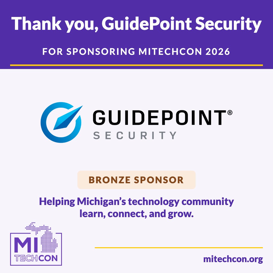 MITechCon's tweet photo. Thank you to GuidePoint Security, our Bronze sponsor, for supporting MITechCon 2026 and helping Michigan’s technology practitioners share experience and learn from one another.

https://t.co/Es0tjgPVpS

#MITechCon https://t.co/e0VQKNl0ey