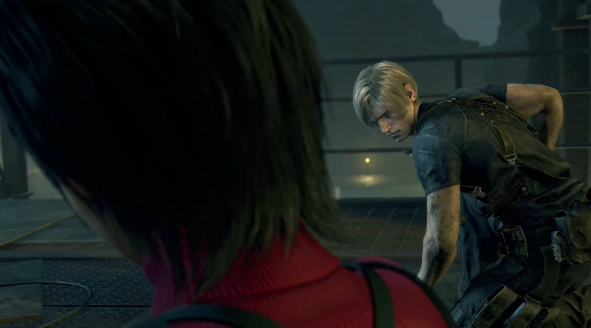 leonshipmovment's tweet photo. Was playing re4r again and had to pause because the way Leon looked at Ada was so cute here BUT then I noticed those THICK eyebrows and I started wondering if he got a whole rainforest on his balls and how smelly they gotta be after all that workout https://t.co/OEz70PjOXC
