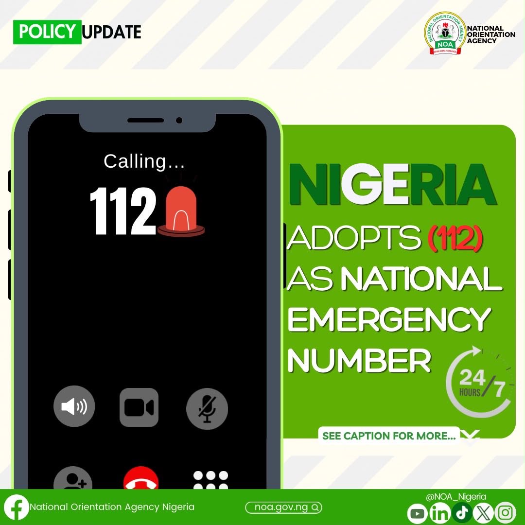 NOA_Nigeria's tweet photo. *Nigeria Adopts 112 as National Emergency Number* 

Click  👉🏼 https://t.co/E7Oo9Dgk5l to read more https://t.co/bS3avgL10z