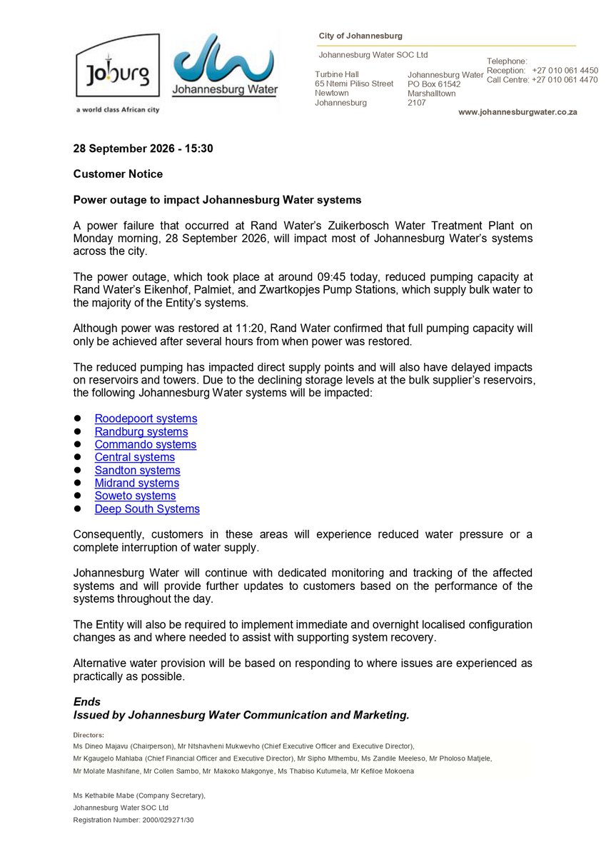 JHBWater's tweet photo. Power outage to impact Johannesburg Water systems 

See affected areas here: https://t.co/nHM1kOyk2z 

#JoburgUpdates ^N https://t.co/ou7bf7CvHG