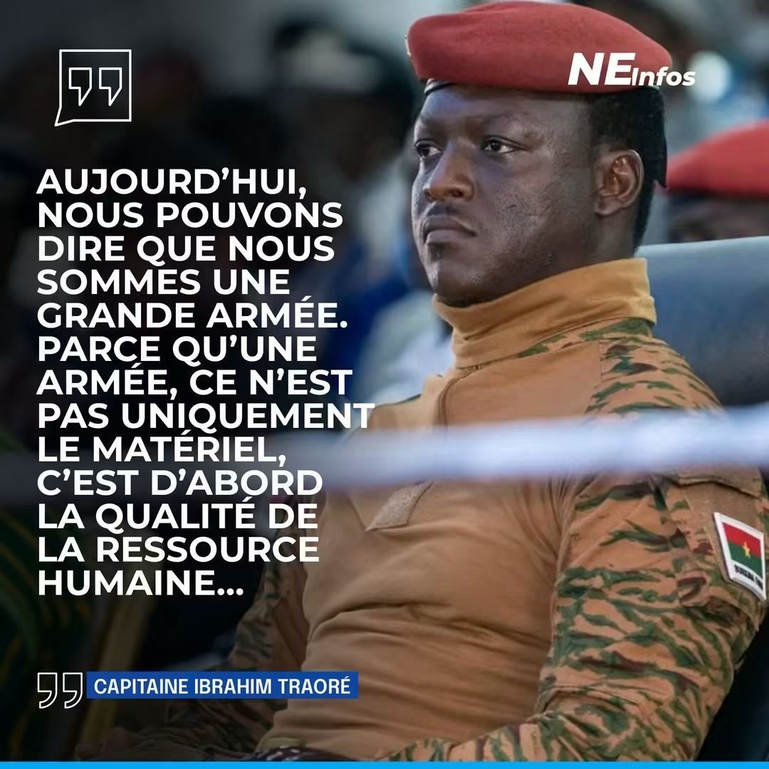 Aminata25f's tweet photo. 🇧🇫🗣️ Ibrahim Traoré : « Aujourd’hui, nous pouvons dire que nous avons une grande armée. Une armée, ce n’est pas seulement du matériel, c’est avant tout la qualité de ses hommes. »
Une vision qui place l’humain au cœur de la force militaire. ✊🏿❤️
#BurkinaFaso #IbrahimTraore #FDS https://t.co/VE2yuRteCI