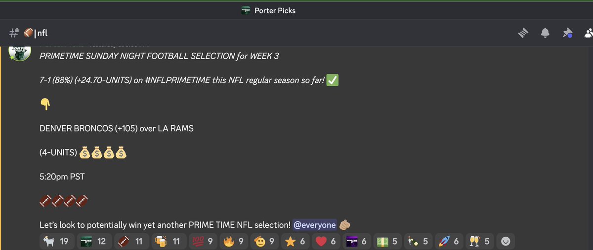 Porter_Picks's tweet photo. CASH THOSE TICKETS  🫵🏽

The BRONCOS get the job done over the LA RAMS as expected! 😤

(+4-UNITS) 💰✨💰✨💰✨💰✨✅

8-1 (+28.70-UNITS) on #NFLPRIMETIME this NFL regular season! ✅

CHEERS!! 🍾✨🥂✨🥂✨🥂 https://t.co/yXWf5tqaHB
