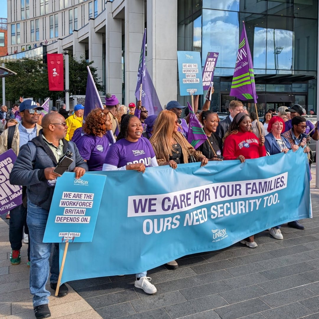 unisontheunion's tweet photo. "We care for your families. Ours need security too."

Today in Liverpool, care workers marched to Labour conference with @AndreaEganGS 

As politicians discuss the future of social care, the workers already providing that care are calling for a better system and #FairVisasNow 🩵 https://t.co/AI0MyNY0GU