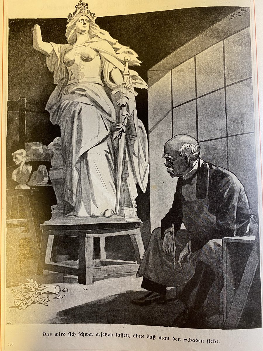 SteinLeseratte's tweet photo. 1883年9月28日、独仏戦争のモニュメントニーダーヴァルト記念碑落成。ビスマルクの死の直前1898年カリカチュアに登場した記念碑のゲルマニア像。手に持っていたはずの帝冠を被っていて、月桂樹または樫の木を持っていた手が壊れている、あべこべな❓造りに。当時の帝政ドイツの現状を暗示していた❓ https://t.co/efJ4p56L3Q