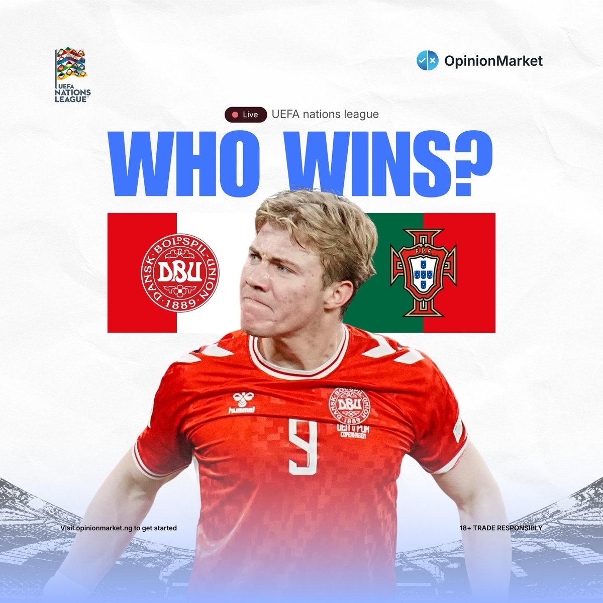 betsodds_'s tweet photo. Denmark 🇩🇰 vs Portugal 🇵🇹 — Højlund’s stare vs a Portugal side on a roll.

Parken will be loud. The Nations League table is tight. Who actually wins?

Make your call. Trade it. 👇
https://t.co/JB6lmc3CoJ
#NationsLeague #DENvsPOR https://t.co/a4nbHnTfE8