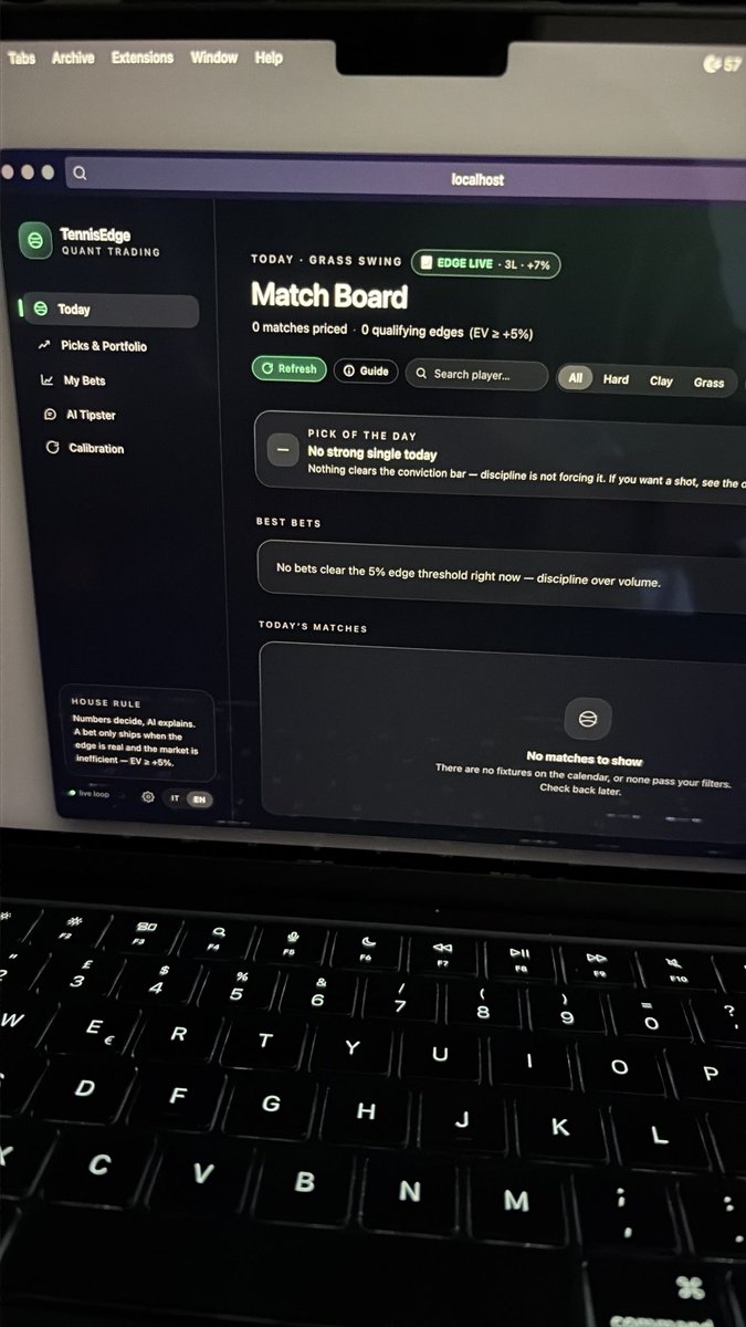 16kskew's tweet photo. I built a tennis model that selects the best bet based on CLV, CLI, and more. Time to put it to the test. 🎾📈 #Tennis #SportsBetting https://t.co/cM9jlrEBjf