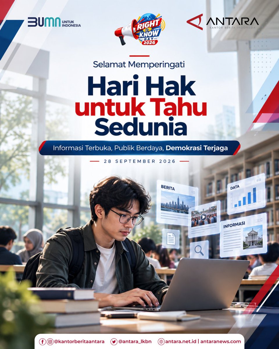 Antara_LKBN's tweet photo. Hari Hak untuk Tahu Sedunia, ANTARA terus memperkuat komitmennya menghadirkan informasi yg kredibel dan dpt diakses masyarakat, sebagai bagian dari upaya menjaga ruang publik yg sehat dan demokratis. @KIPusat
#RightToKnowDay2026 #HakUntukTahu #KeterbukaanInformasi https://t.co/ZhsEt7M0tY