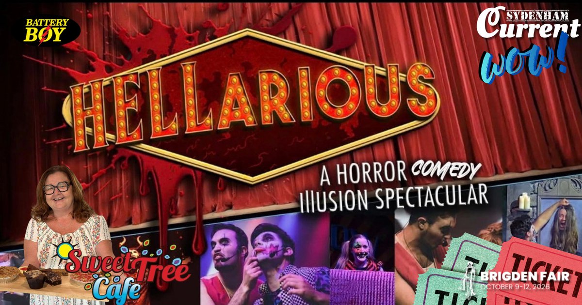 SydenhamCurrent's tweet photo. Battery Boy WOW! 2 Tickets to HELLarious: The World’s Funniest &amp; Bloodiest Magic Show at the Kiwanis Theatre, 2 Brigden Fair Passes + $50 to Sweet Tree Cafe!

Learn how to win, here: https://t.co/llFdWocFaB https://t.co/ss1YFTUnlQ