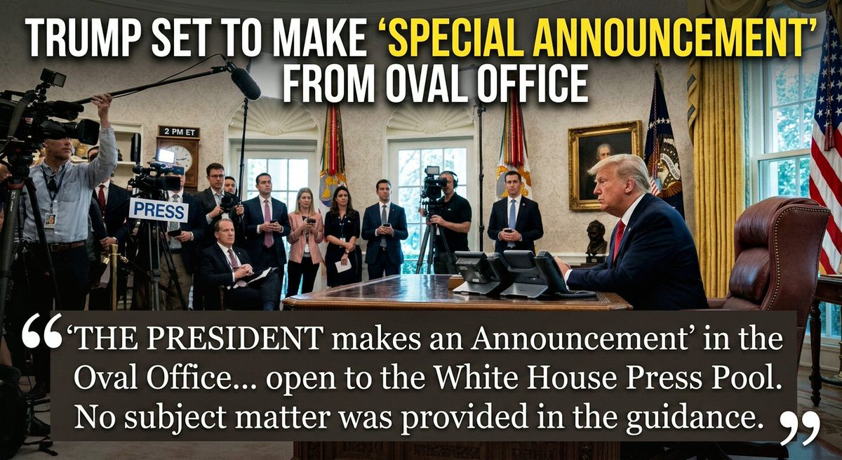 DiamondandSilk's tweet photo. 📷  JUST IN: President Trump has scheduled an unexpected "Special Announcement" from the Oval Office today at 2:00 PM ET.

The White House guidance listed no subject, but the announcement follows a late-night dinner meeting with Anthropic CEO Dario Amodei.

What do you think is coming?  📷