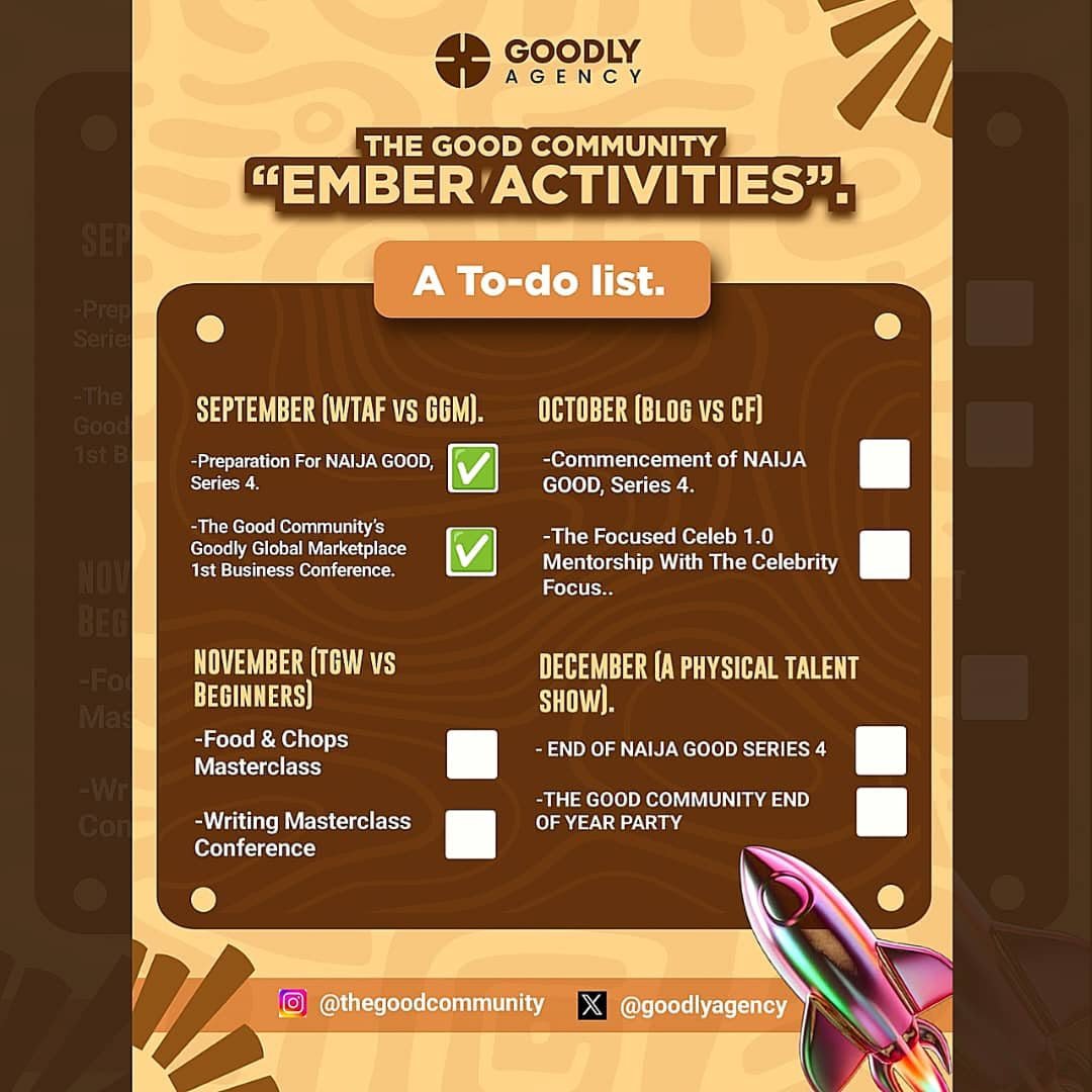 goodlyagency's tweet photo. NAIJA GOOD Series 4 is almost here! 🚀 After a successful Business Conference, we’re stepping into October with NAIJA GOOD Series 4 and Focused Celeb 1.0 Mentorship. The fun is just getting started! 🙌🏾 #TheGoodCommunity #GoodlyAgency #NaijaGood #NaijaGoodSeries4 https://t.co/dEKxPvGJw1