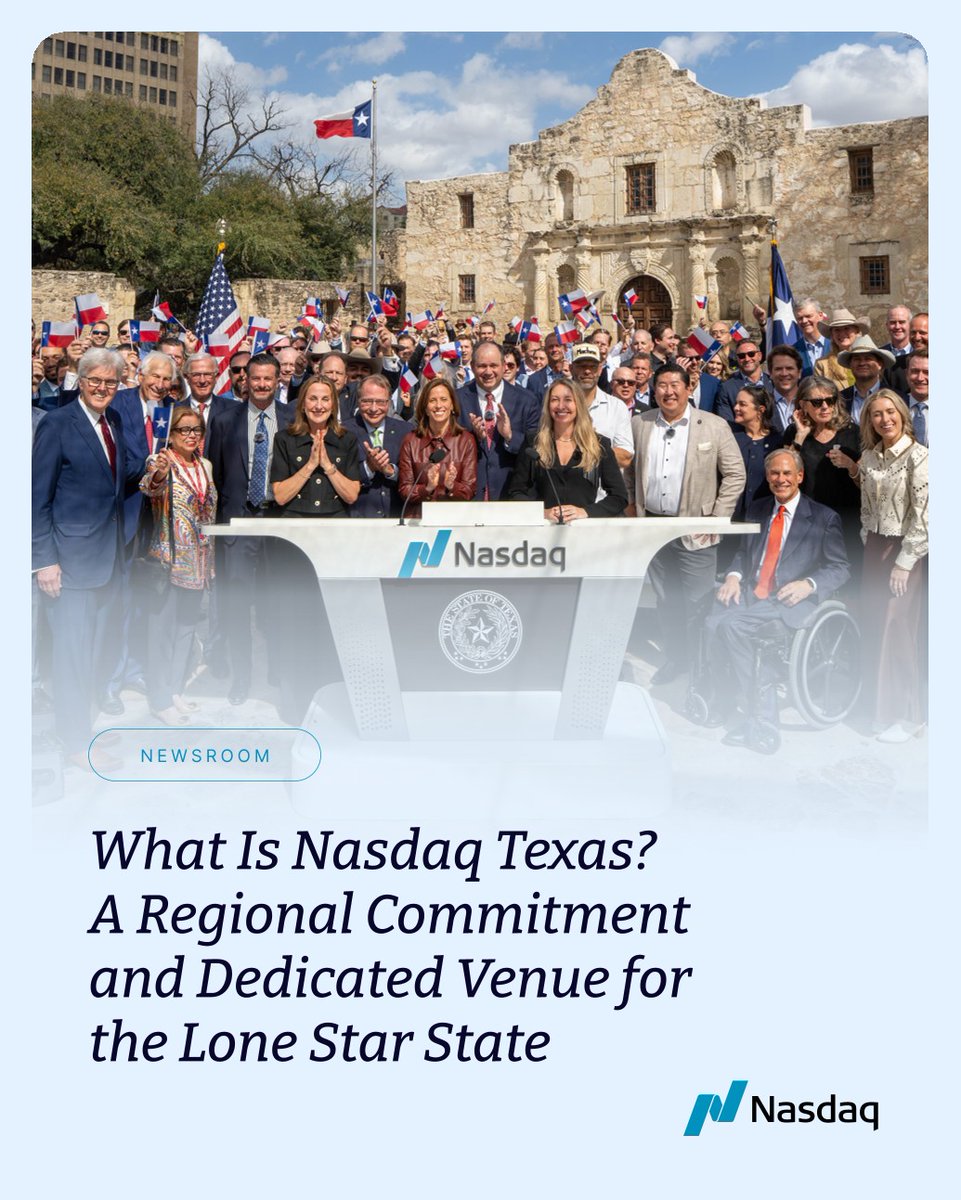 Nasdaq's tweet photo. The next chapter of U.S. capital markets is being written in Texas. At Nasdaq, we build infrastructure for where markets are going. Nasdaq Texas is that — a platform designed for the convergence of innovation, capital, and one of the world's fastest-growing business environments.
