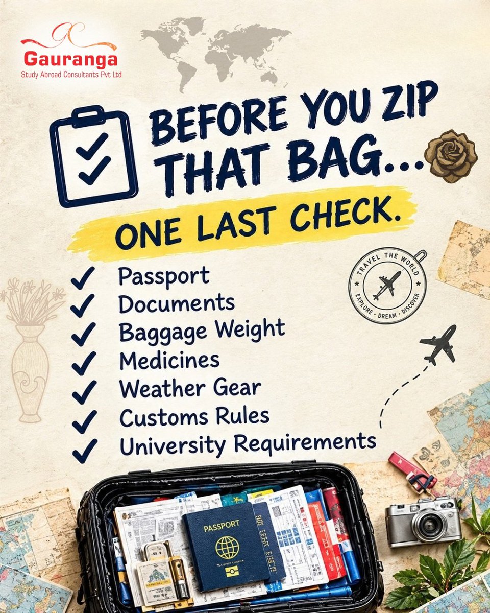 gaurangaconsult's tweet photo. Going abroad? βοΈ
Before you zip that suitcaseβ¦ check THIS. π
Your study-abroad packing checklist β π§³
.
.
.
#studyabroad #studenttravel #packingchecklist #studyabroadtips https://t.co/6M8iqXI7y6
