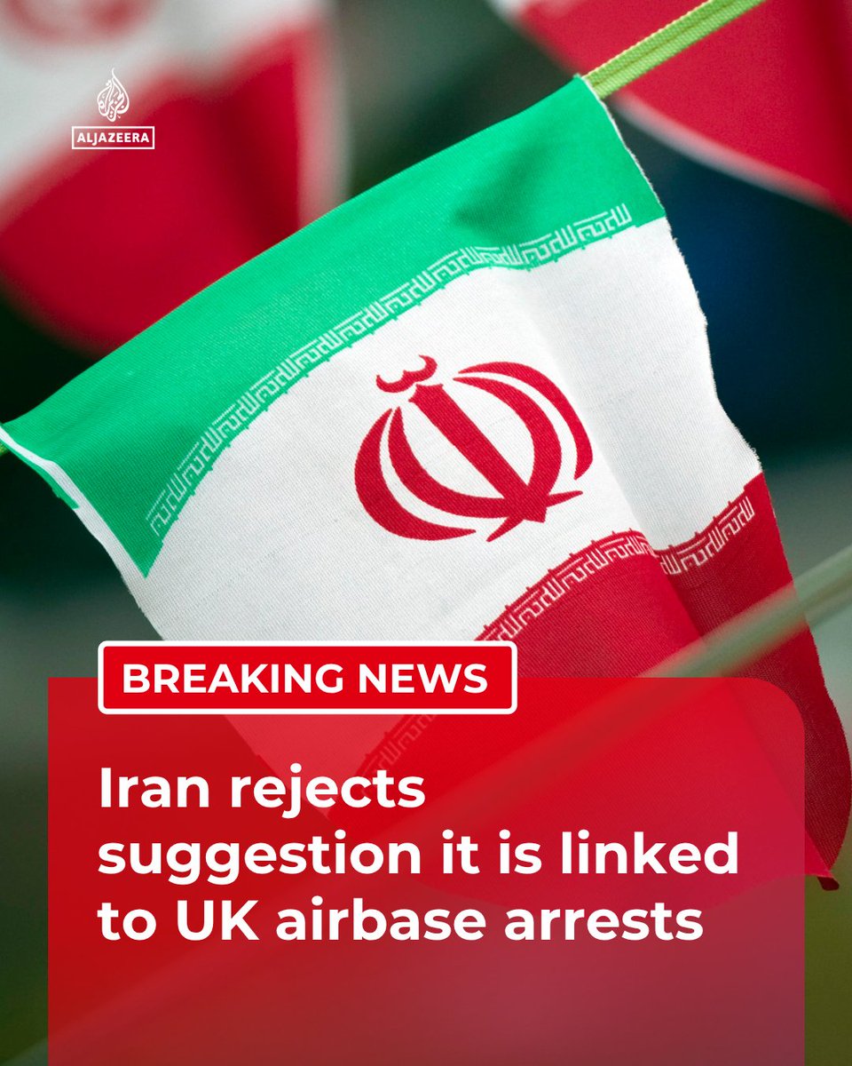 AJEnglish's tweet photo. BREAKING: Iran has rejected the suggestion that it was linked to the five arrests made at Britain’s Fairford airbase. The Iranian Embassy in London said “fabricated speculations” fuel anti-Iran “propaganda” in the UK.

🔴 LIVE updates: https://t.co/zs27BEEVrZ https://t.co/P4tcDvYvV8
