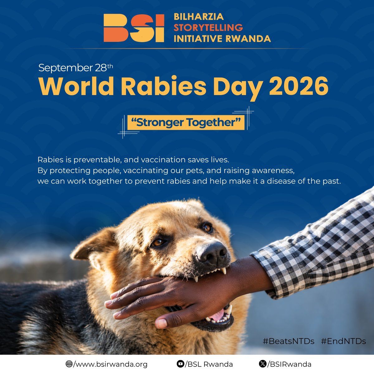BSIRwanda's tweet photo. Today, the world celebrates #WorldRabiesDay2026! 

The most effective way to stop rabies is at its source: get your dogs and cats vaccinated on time. 

Protect your pets, protect your family! 

#VaccinateToProtect #OneHealth https://t.co/svVNwr9fVn