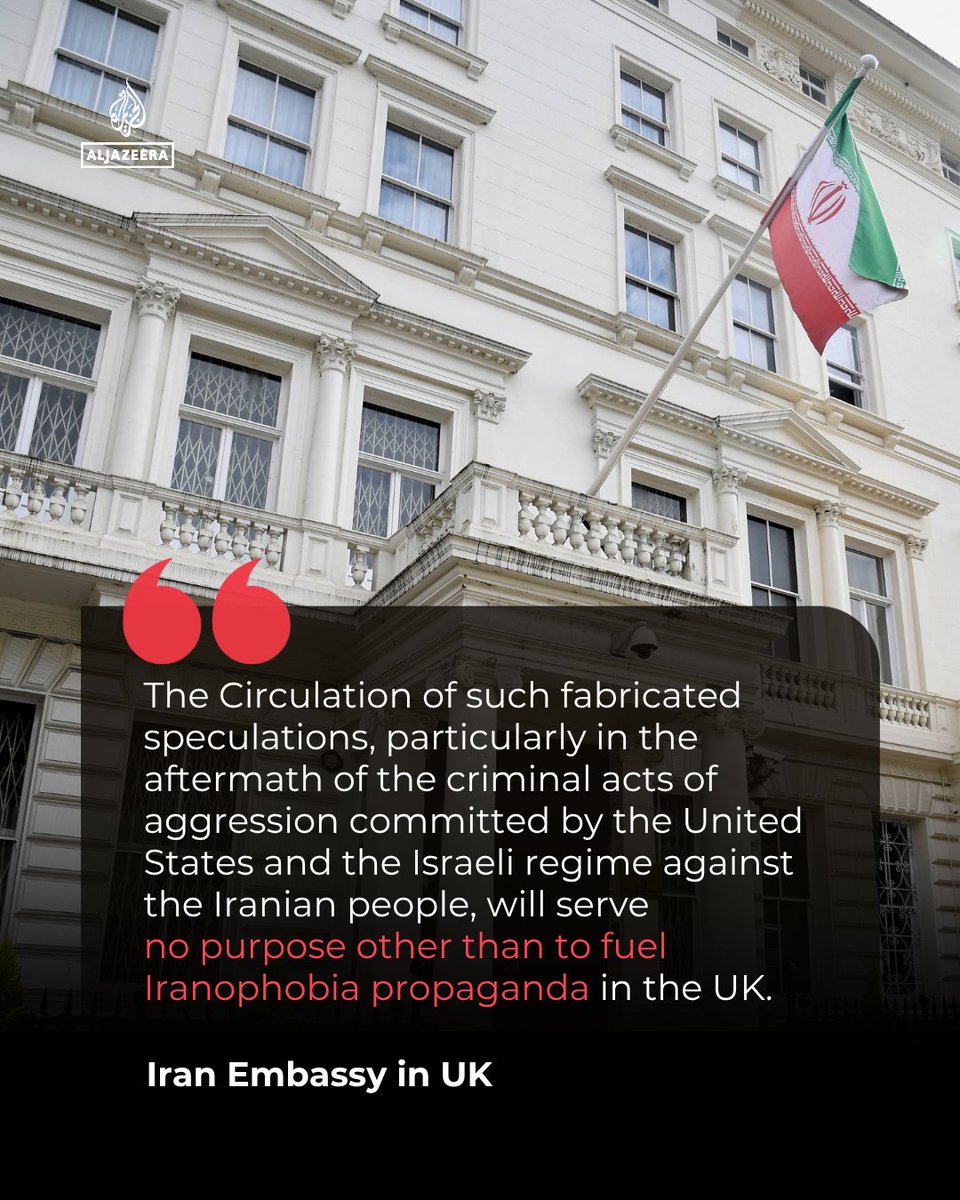 AJEnglish's tweet photo. BREAKING: Iran has rejected the suggestion that it was linked to the five arrests made at Britain’s Fairford airbase. The Iranian Embassy in London said “fabricated speculations” fuel anti-Iran “propaganda” in the UK.

🔴 LIVE updates: https://t.co/zs27BEEVrZ https://t.co/P4tcDvYvV8