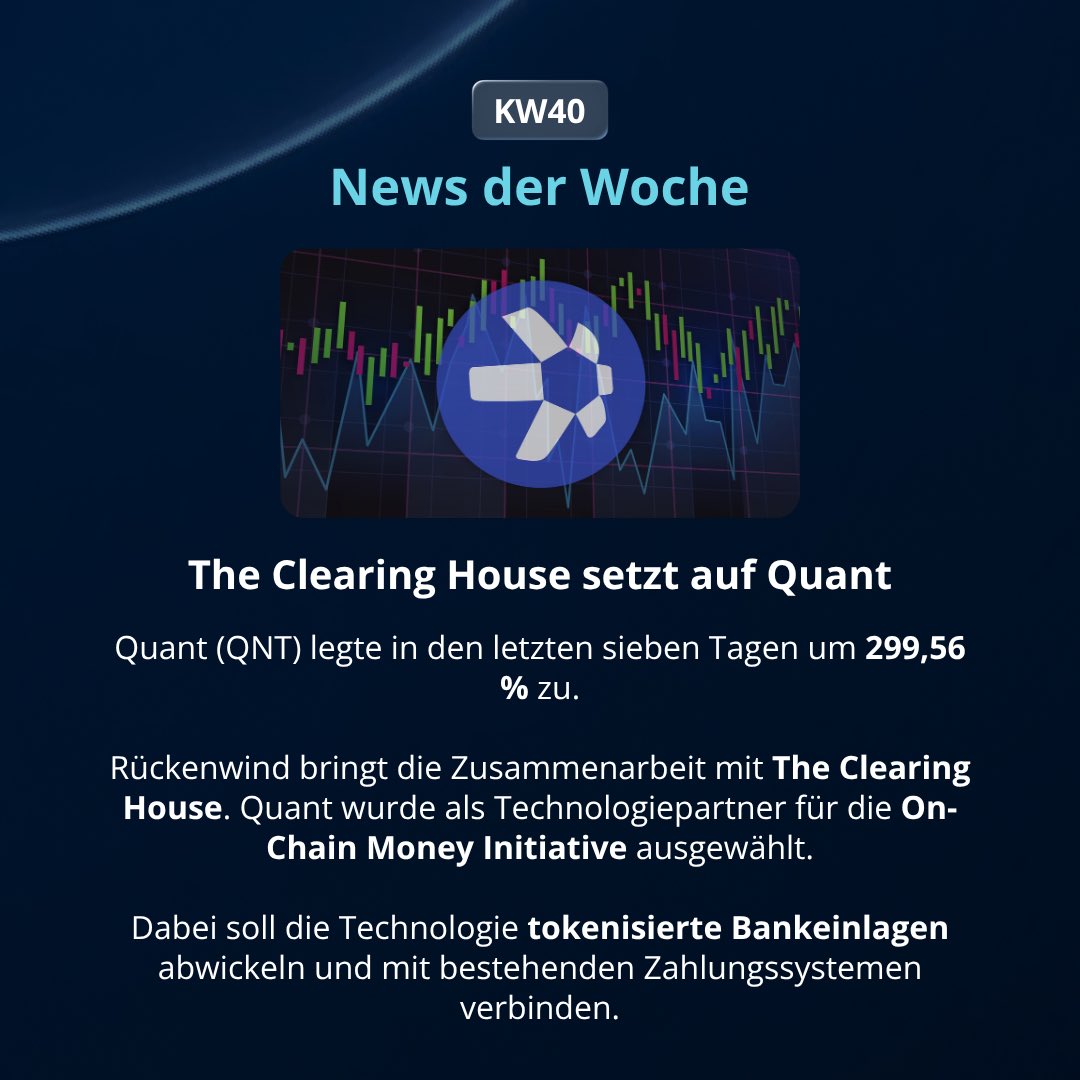 bisonapp's tweet photo. KW40 im BISON Krypto-Check 📊 

Quant setzt sich mit +299,56 % klar an die Spitze, gefolgt von The Graph und Ondo. Tezos verzeichnet dagegen mit - 9,32 % den stärksten Rückgang der letzten Woche.

➡️ Dazu im Fokus: Warum Quant aktuell von der Zusammenarbeit mit The Clearing House profitiert.