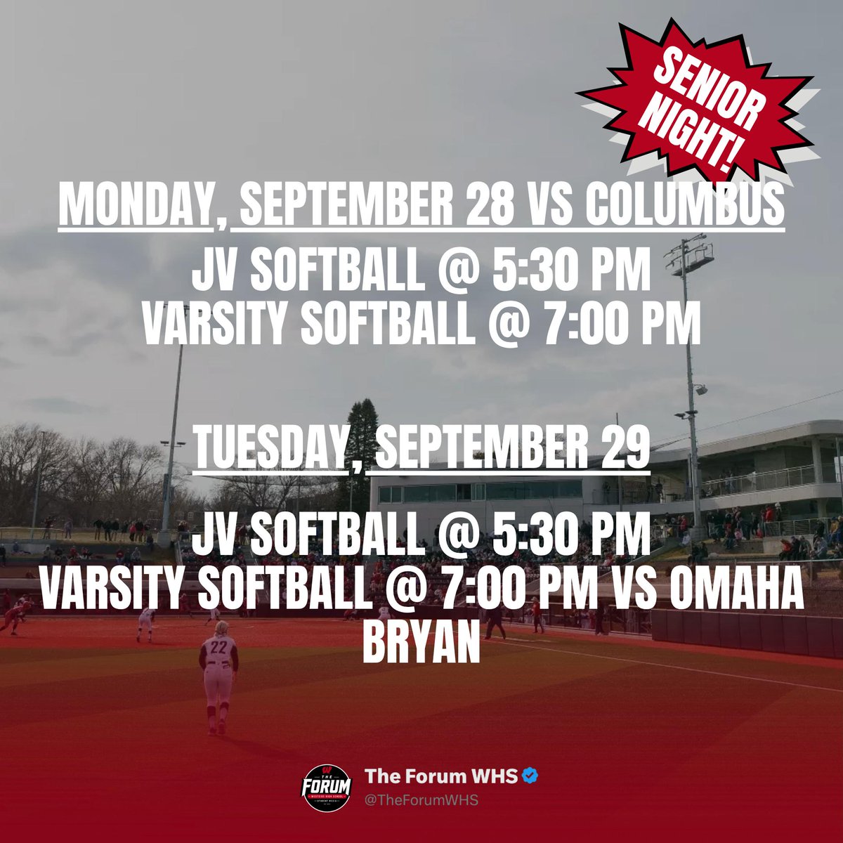 TheForumWHS's tweet photo. 🚨SCHEDULE UPDATE🚨

Westside Softball will play their next two games at Connie Clausen Field! Normally the home of the UNO Mavericks, this facility is one of the newest and best in Division I softball! https://t.co/7VjMItoWqW