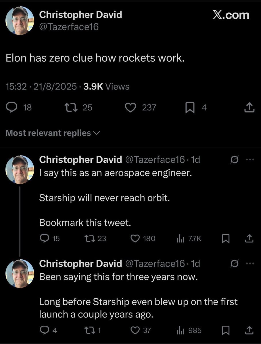 yatharthmann's tweet photo. "Elon has zero clue how rockets work."

"I say this as an aerospace engineer."

"Starship will never reach orbit."  

LMFAO 🤣🤣 https://t.co/s11vJBgYLt