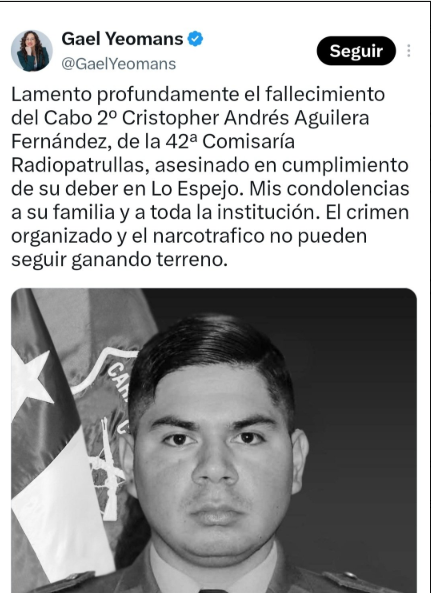 Iherreraa's tweet photo. Gael Yeomans, otra zurda hipócrita del FA que votó contra la ley para expulsar ilegales y ahora da el pésame por la muerte del carabinero asesinado por un ilegal en Lo Espejo https://t.co/NMMFwMAHWT