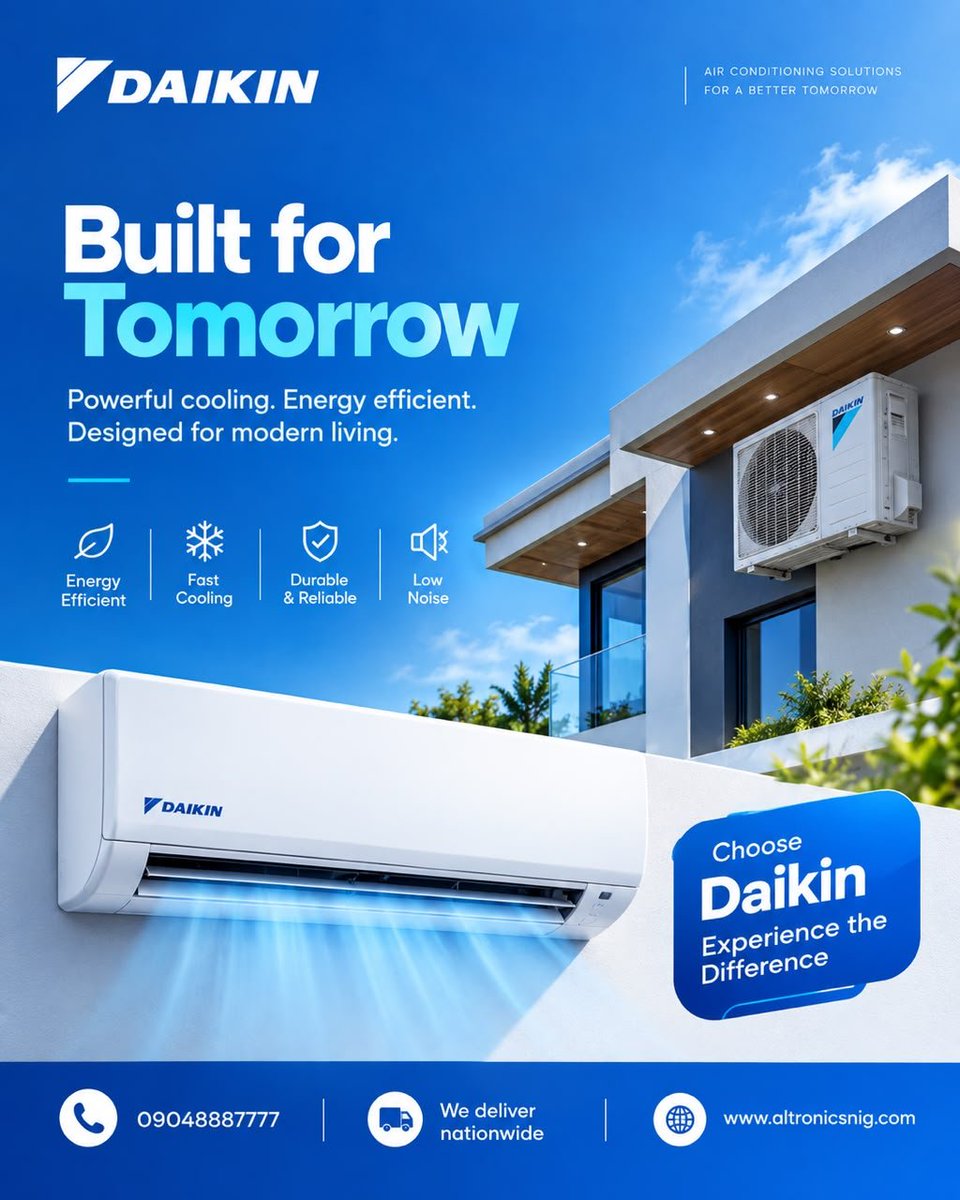 ALTRONICSnig's tweet photo. ❄️ Built for tomorrow.
📲 Call/WhatsApp: 0904 888 7777
🚚 We deliver nationwide
🌐 https://t.co/ppTizzQcrP
Choose Daikin. Experience the difference. ❄️
#AltronicsLimited #DaikinAC #PremiumCooling #InverterAC #NationwideDelivery https://t.co/42wHAXfKfo